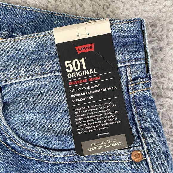 Levis Premium 501 Selvedge Jeans Mens 33x34 Blue Hemp Blend Straight Leg NEW - Picture 10 of 14